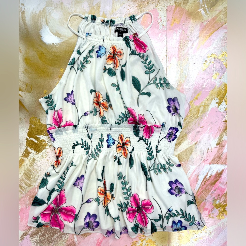 Express White Floral Halter Blouse with Pink Purple Orange Flowers